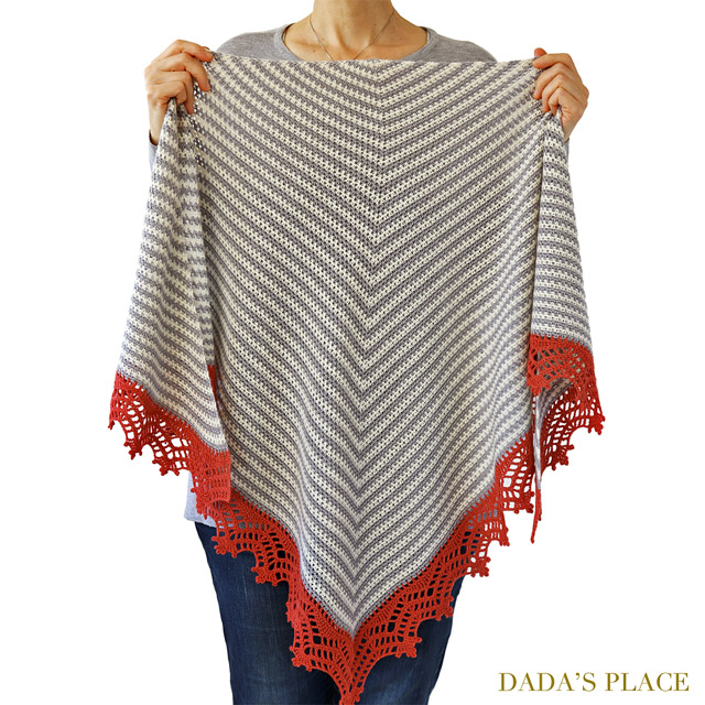 Crochet Triangle Striped Shawl with lace border 6